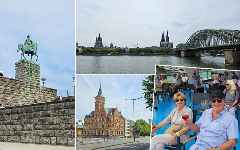Cathédrale de Cologne et pont sur le Rhin, statue équestre et voyageurs trinquant sur un bateau