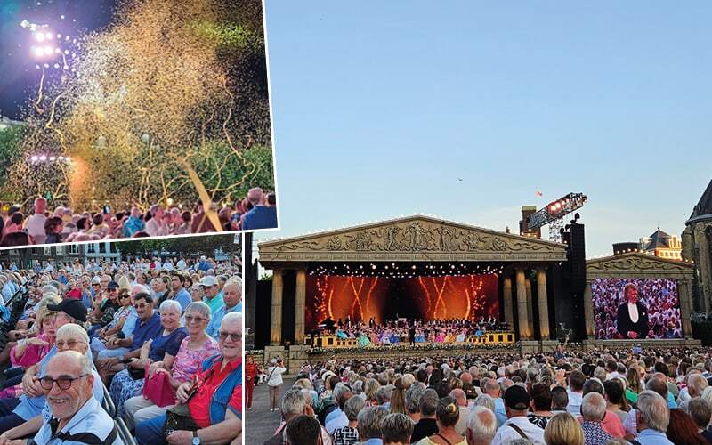 Public du concert d’André Rieu sur la place Vrijthof, pluie de confettis et grande scène illuminée