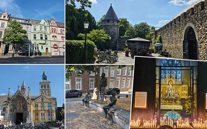Maisons colorées, tour ronde d’anciens remparts, portail gothique d’une basilique et chapelle éclairée de bougies
