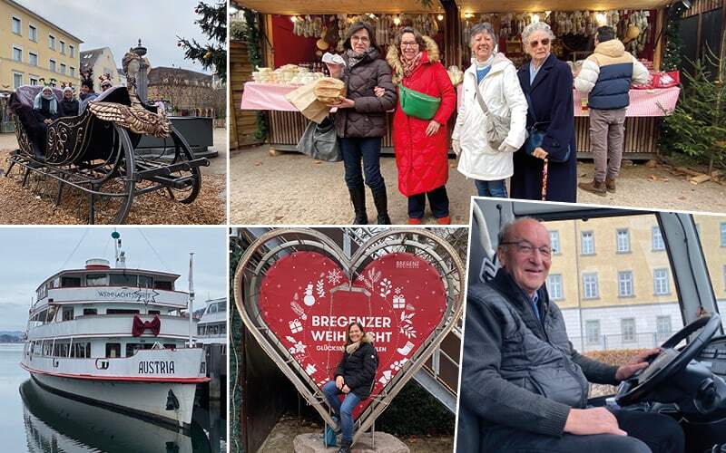 Bateau Austria sur le lac de Constance, cœur Bregenzer Weihnacht et voyageuses devant un stand