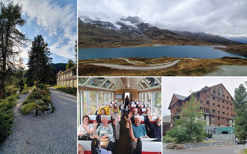 Groupe saluant dans une voiture panoramique, lac alpin sous des sommets enneigés et hôtel de montagne
