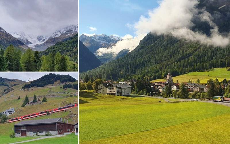 Sommets glaciaires au-dessus des forêts, train rouge dans les prés et village alpin sous les nuages