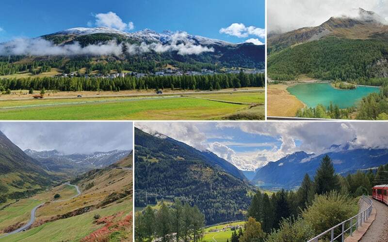 Vallée verte sous des sommets enneigés, lac turquoise en forêt et train rouge dominant le Valposchiavo