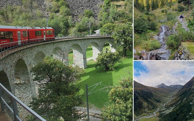 Train rouge sur le viaduc circulaire de Brusio, torrent de montagne et vallée encaissée