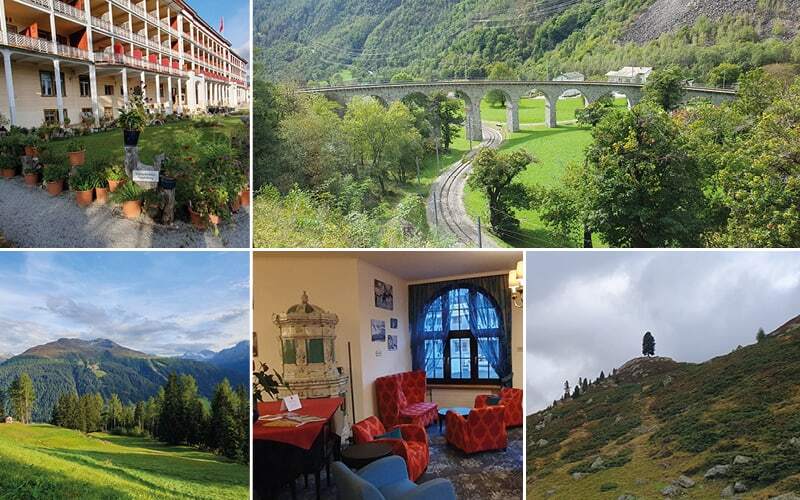 Grand hôtel à balcons, viaduc circulaire de Brusio dans la verdure et salon aux fauteuils rouges