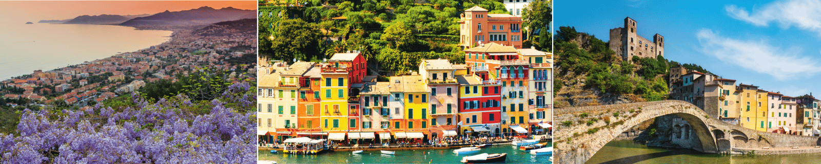 Côte ligure au couchant derrière des glycines, port coloré de Portofino et pont médiéval de Dolceacqua