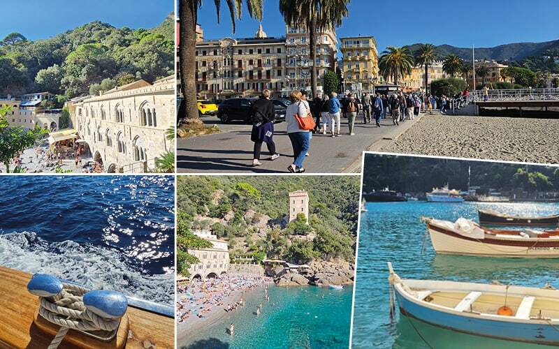 Baie de San Fruttuoso, promenade bordée de palmiers et barques sur une eau turquoise