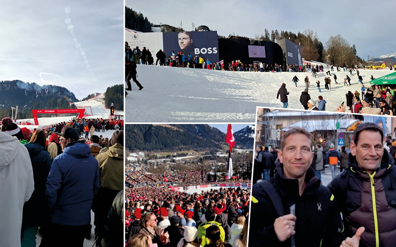 Foule de spectateurs devant l’arche d’arrivée de Kitzbühel, pente enneigée bordée de publicités et supporters souriants