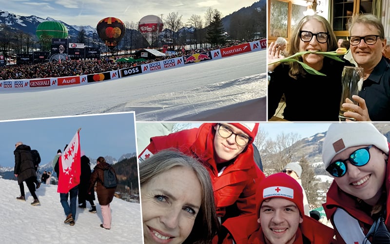 Montgolfières au-dessus de l’aire d’arrivée, supporters avec un drapeau valaisan et selfie avec des secouristes