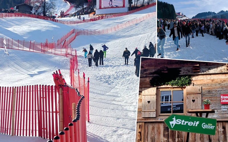 Spectateurs gravissant la pente enneigée entre des filets rouges et chalet avec un panneau Streif