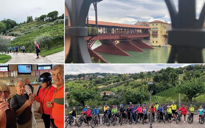 Cyclistes et vélos électriques devant les vignobles, dégustation entre voyageurs et pont couvert des Alpini