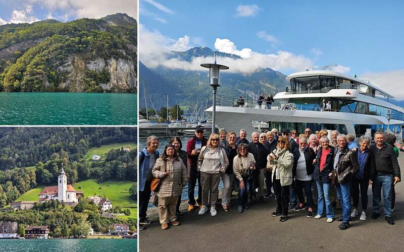 Falaises au-dessus d’une eau turquoise, église sur une rive verdoyante et groupe devant le bateau