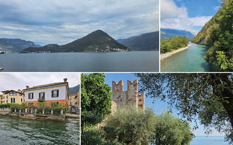 Île de Monte Isola sur le lac d’Iseo, rivière turquoise et tour crénelée parmi les oliviers