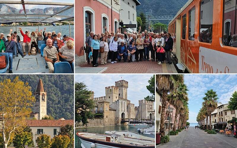 Groupe en bateau et devant le train orange, château de Sirmione et promenade bordée de palmiers