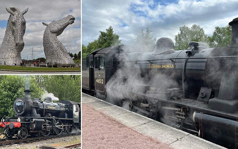 Sculptures géantes des Kelpies et locomotive à vapeur noire fumante en gare