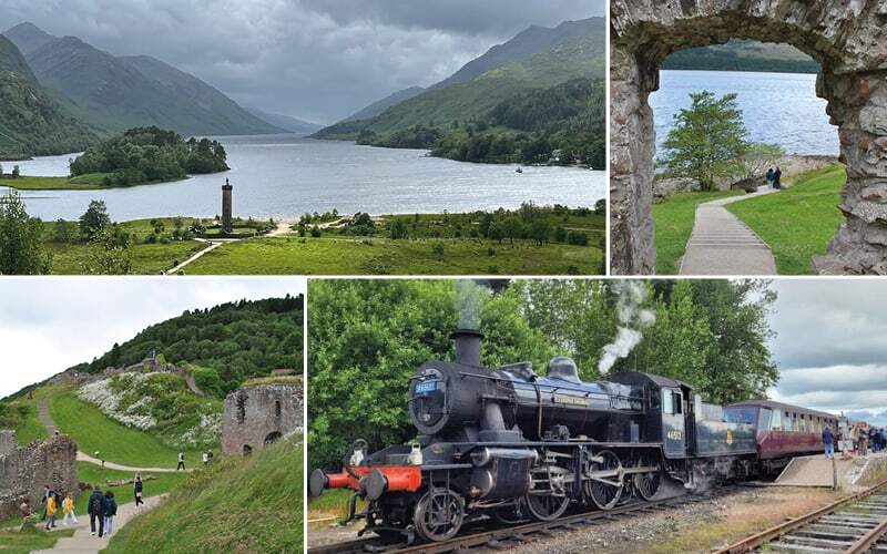 Loch Shiel et son monument, ruines du château d’Urquhart et locomotive à vapeur en gare