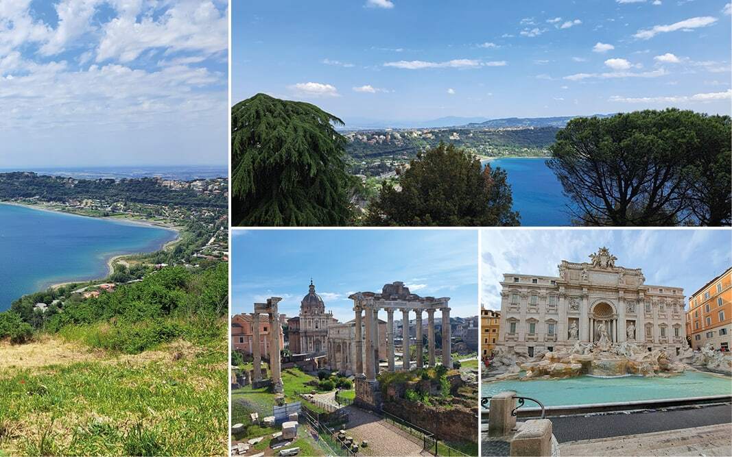 Vue sur le lac Albano depuis les hauteurs, colonnes du Forum romain et fontaine de Trevi