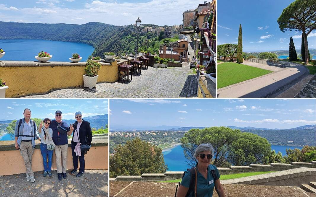 Ruelle de Castel Gandolfo surplombant le lac Albano, jardins et voyageurs posant face au panorama
