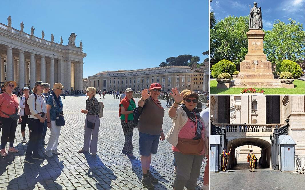 Voyageurs dans la file sur la place Saint-Pierre et gardes suisses à l’entrée du Vatican