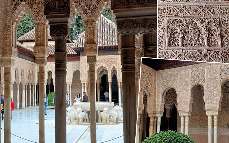 Cour des Lions de l’Alhambra avec sa fontaine, colonnades élancées et stucs ciselés