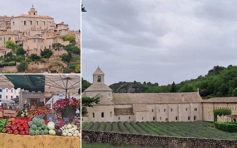 Village perché de Gordes, étal de légumes au marché et abbaye de Sénanque avec sa lavande