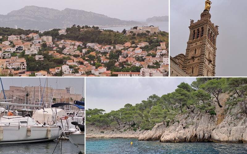 Clocher de Notre-Dame de la Garde, voiliers au pied d’un fort et calanque bordée de pins