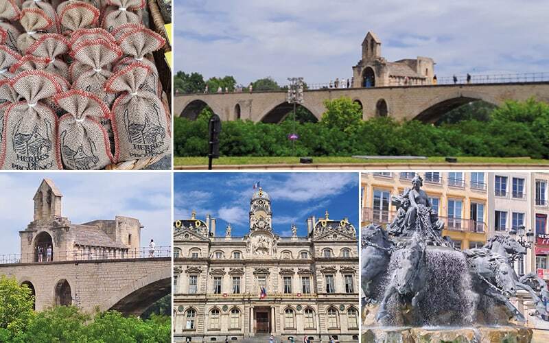 Sachets d’herbes de Provence, pont Saint-Bénézet à Avignon, hôtel de ville et fontaine aux chevaux