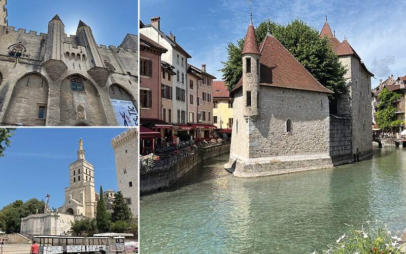 Palais des Papes d’Avignon, clocher à la statue dorée et Palais de l’Isle à Annecy