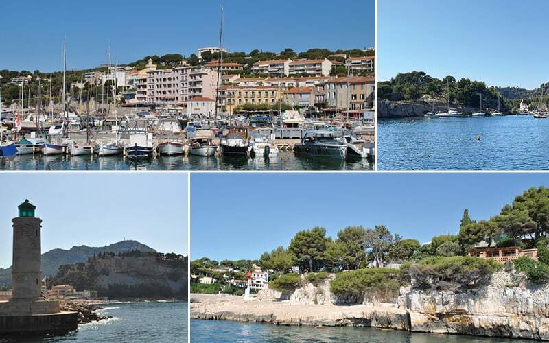 Port de Cassis, phare à l’entrée du port et côte calcaire bordée de pins
