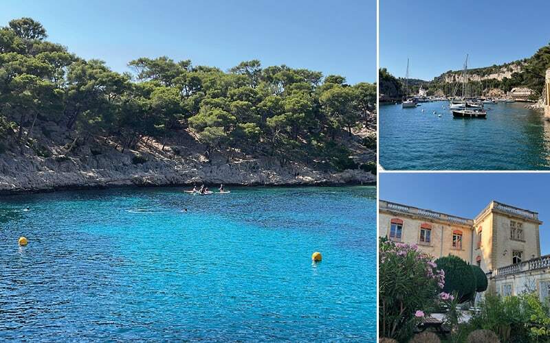 Eaux turquoise d’une calanque bordée de pins, voiliers au mouillage et bâtisse ocre entourée de lauriers-roses