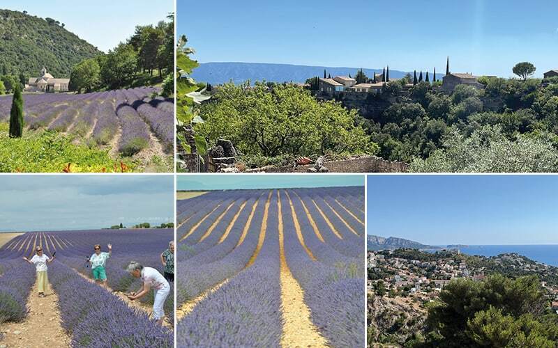 Champs de lavande devant l’abbaye de Sénanque, voyageuses posant dans les rangs violets et village perché