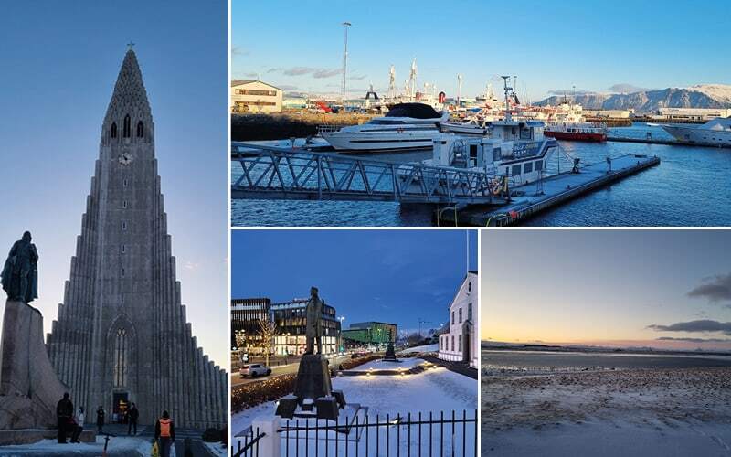 Hallgrímskirkja et statue de Leif Eriksson, port de Reykjavik et rivage enneigé au crépuscule