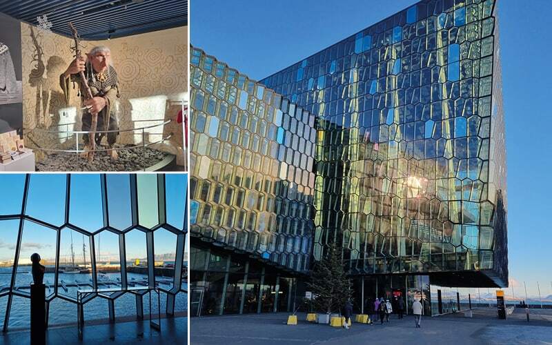 Façade vitrée de la Harpa en nid d’abeilles, vue sur le port et personnage folklorique sculpté