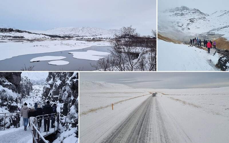 Paysage hivernal de Thingvellir, voyageurs marchant dans une faille rocheuse enneigée et route blanche