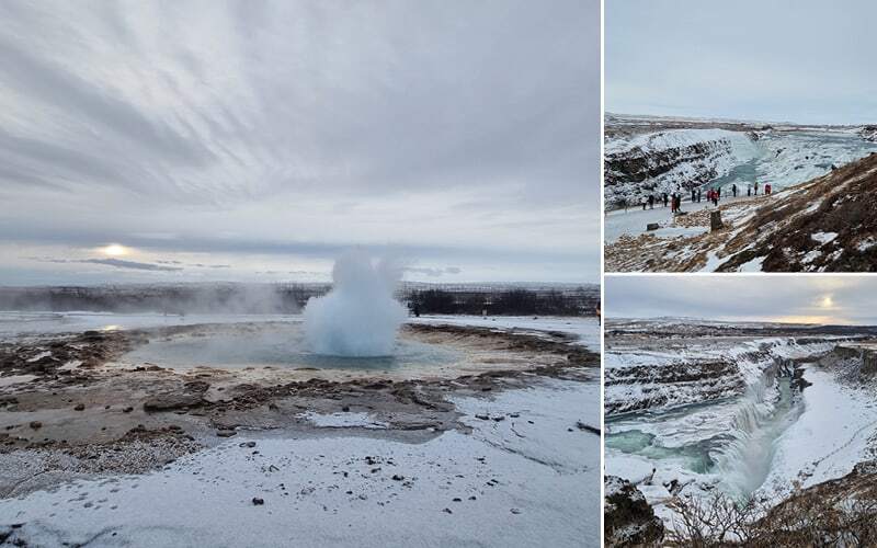 Geyser en éruption dans un paysage enneigé et cascade de Gullfoss en partie gelée
