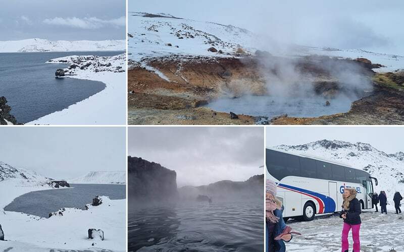Lac Kleifarvatn entre rives enneigées, source chaude fumante de Seltún et voyageurs devant le car