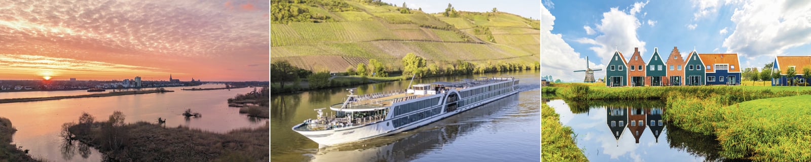 Coucher de soleil sur l’eau, bateau de croisière fluviale et maisons colorées au bord d’un canal