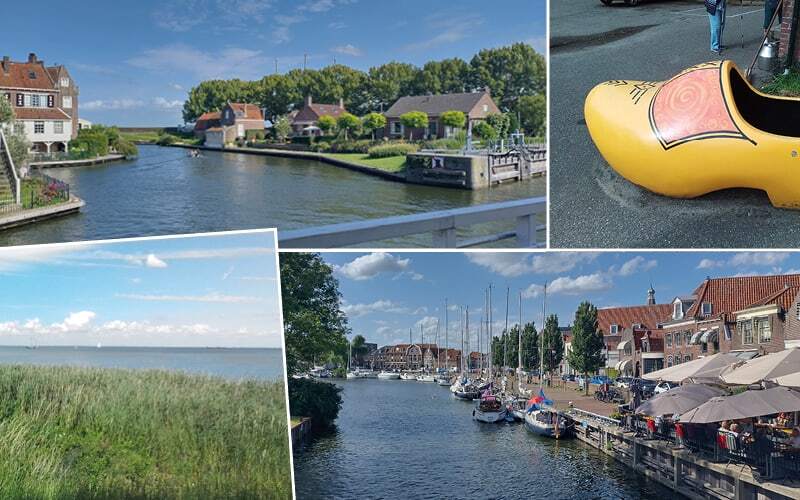 Canal bordé de maisons, sabot géant en bois jaune et port de plaisance avec terrasses