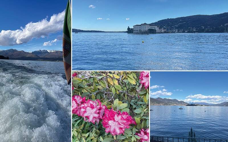 Sillage du bateau sur le lac Majeur, palais de l’Isola Bella et rhododendrons roses en fleurs