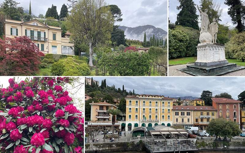 Villa et statue dans un parc arboré, rhododendrons fleuris et hôtels jaunes au bord du lac