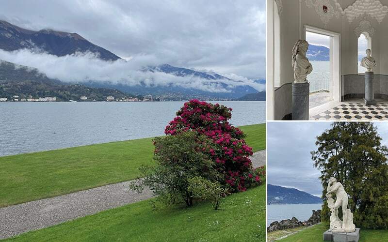 Jardin au bord du lac de Côme avec rhododendron fleuri, bustes et statue de marbre