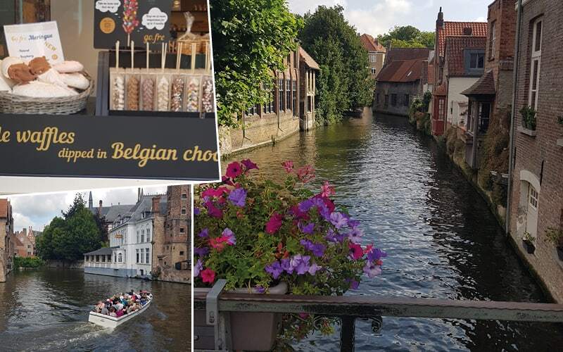 Gaufres enrobées de chocolat belge, bateau de touristes et canal fleuri de Bruges