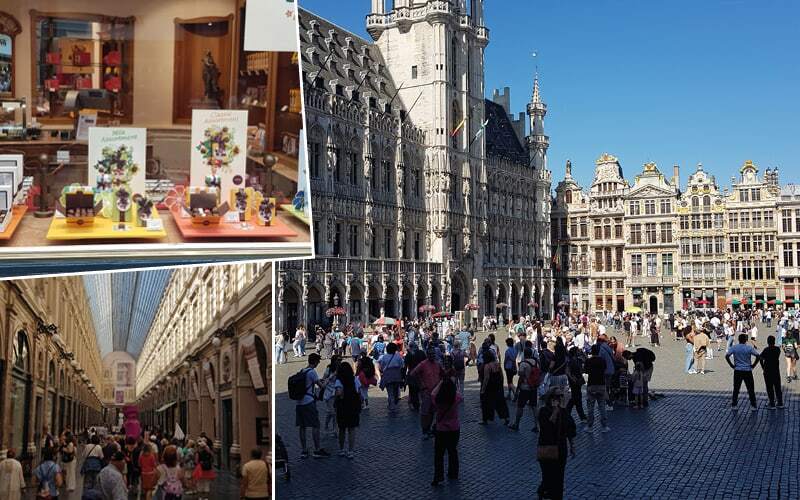 Vitrine de chocolatier, Galeries Royales Saint-Hubert et Grand-Place de Bruxelles avec son hôtel de ville