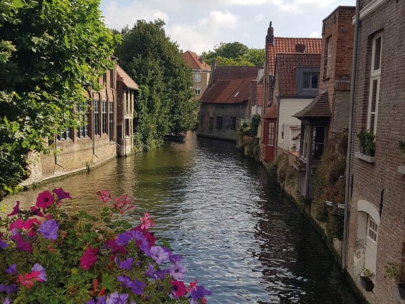 Canal paisible de Bruges bordé de maisons en briques, avec des fleurs au premier plan