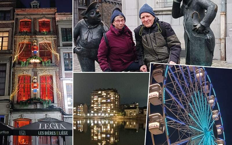 Façade décorée de casse-noisettes et guirlandes, immeubles illuminés au bord de l’eau et grande roue lumineuse