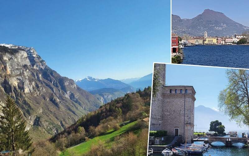 Falaises calcaires au-dessus d’une vallée verte, port et tour médiévale de Riva del Garda