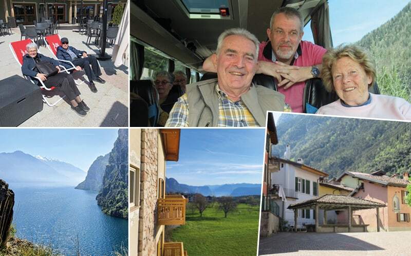 Voyageurs détendus en chaises longues et dans le car, falaises plongeant dans un lac bleu