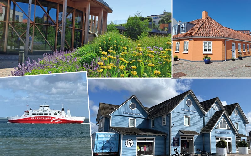 Pavillon vitré dans un jardin fleuri, ferry pour Sylt et boutiques en bois bleu
