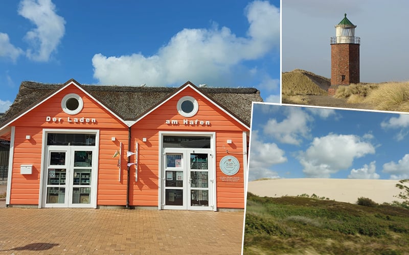 Boutique orange au toit de chaume, phare en briques rouges et grande dune de sable