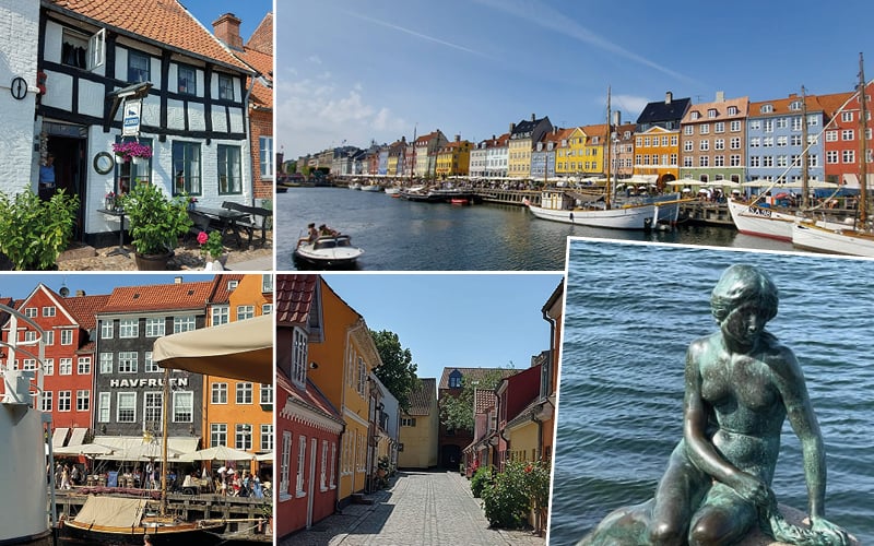 Maisons colorées et voiliers de Nyhavn, ruelle pavée et statue de la Petite Sirène